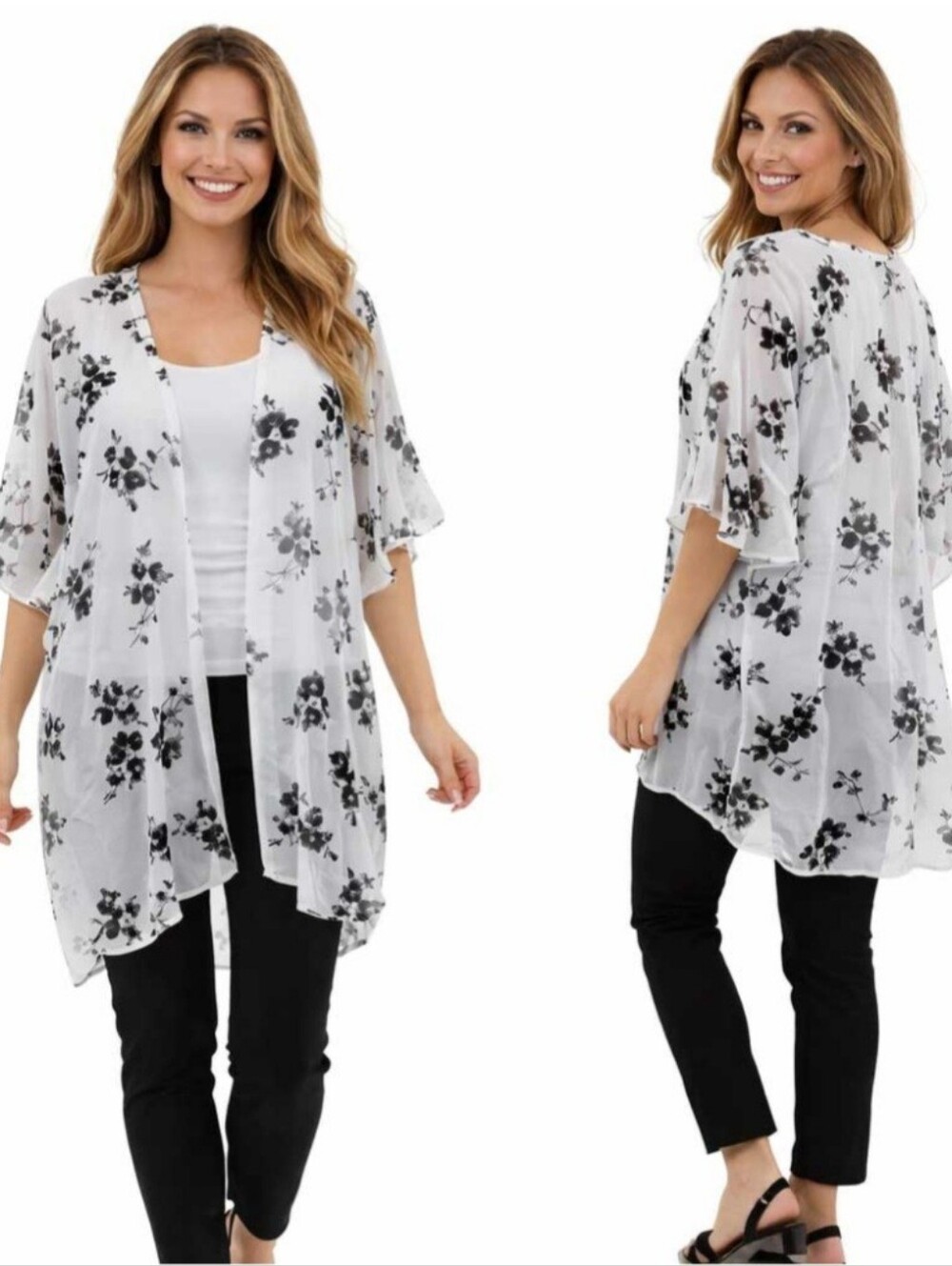 Floral Sheer Open-Front Cardigan Kimono - White/Black